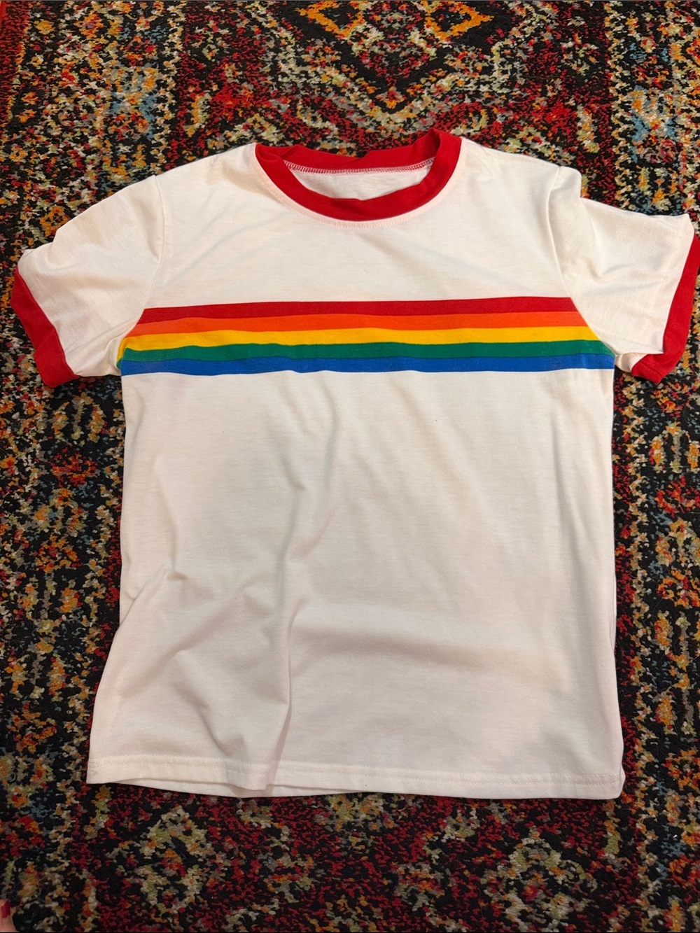 White Tee with Rainbow Stripe and Red Trim Polaroid 70s style